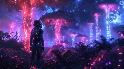 Fototapeta premium A futuristic scene depicting a figure in a vibrant, glowing alien forest.