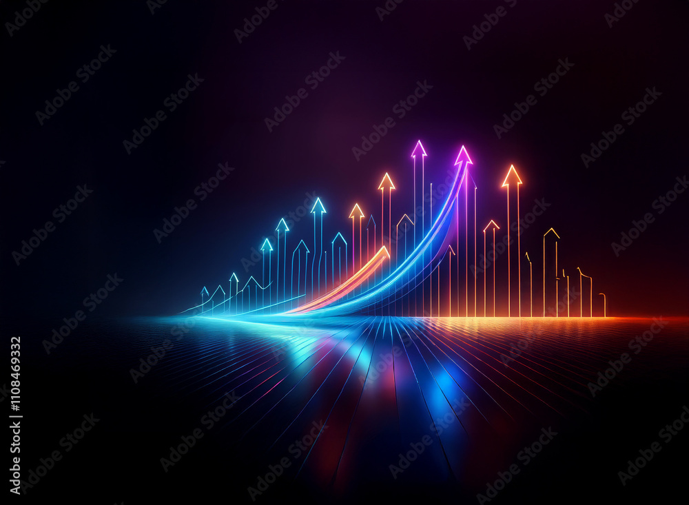Poster neon arrows ascend in a dynamic upward trend, reflecting on a dark, sleek surface. the vibrant color