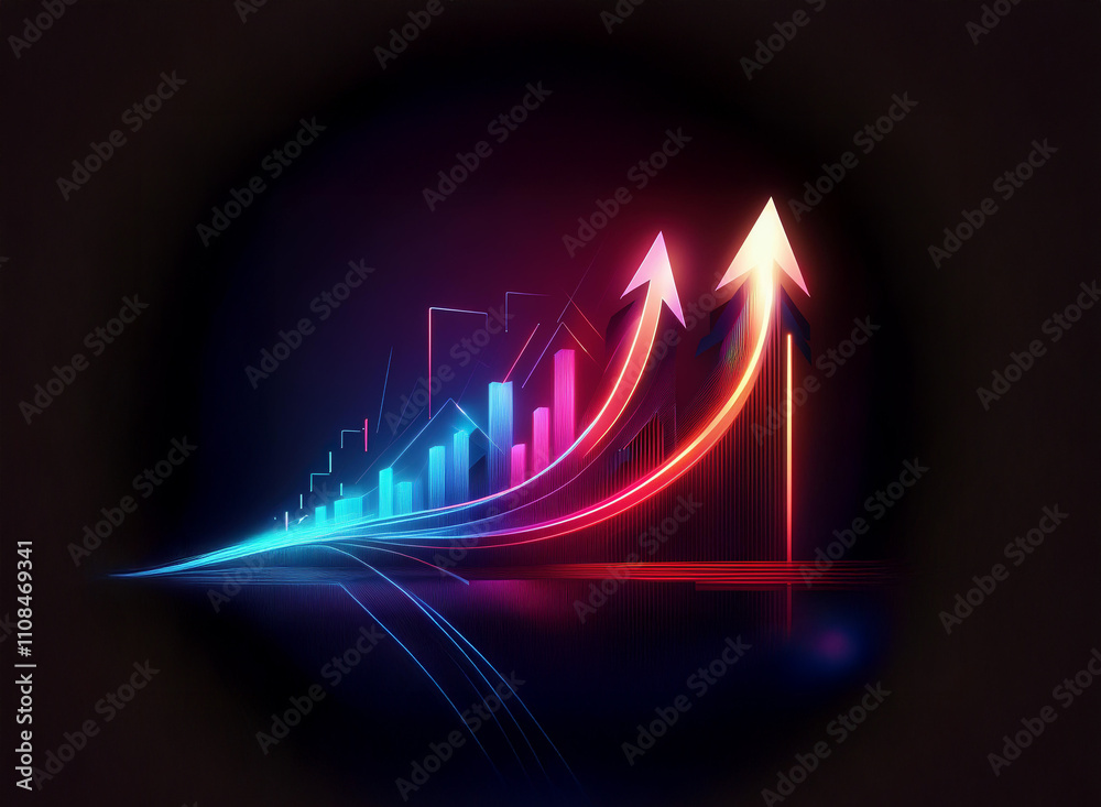Poster Dynamic neon arrows ascend, tracing a path of growth above a glowing cityscape.  The vibrant streaks symbolize progress and upward trajectory.