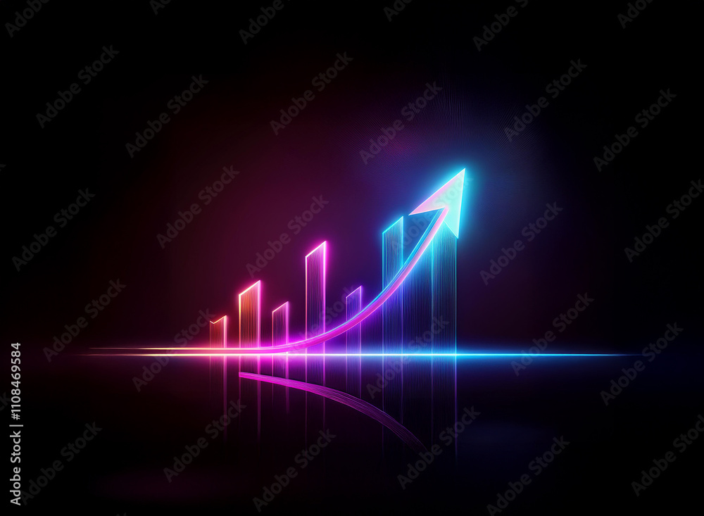 Poster neon glowing bar graph with upward arrow, reflecting on dark surface. represents growth, success, an