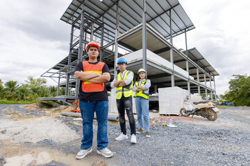 Fototapeta premium Asian man and woman construction engineer foreman workers wearing safety gear and helmet cross arms posing teamwork in the outdoors building construction site, a successful project in progress.