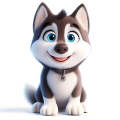 Obraz premium Youthful Dog Cartoon, Friendly Husky Pup on White Background Charming 3D Pup,