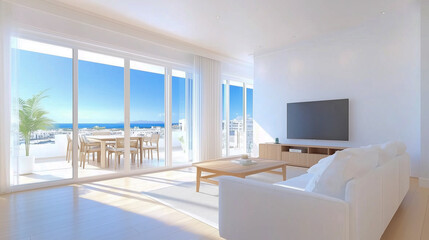 Fototapeta premium Interior design of modern scandinavian apartment, living room and dining room 