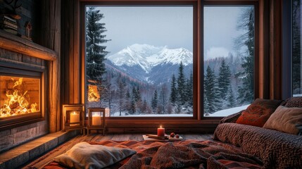 A cozy mountain cabin interior with a crackling fireplace, warm blankets, and a view of snowy peaks through large windows, inviting and atmospheric