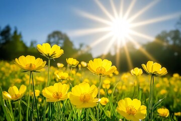 Fototapeta premium A vibrant field of yellow flowers under a bright sun, evoking a sense of joy and nature.