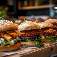 A display of plant-based vegan burgers, highlighting the innovative use of plant-based meat as a sustainable and delicious alternative to traditional burgers.