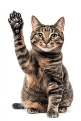 Obraz premium Adorable tabby cat raises its paw in a playful gesture against a white background. A charming image full of feline charisma!