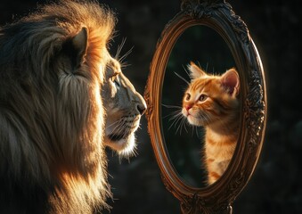 Fototapeta premium A Lion reflecting as a Cat, Reflecting the power of introspection, this scene highlights the balance between might and a humble nature.