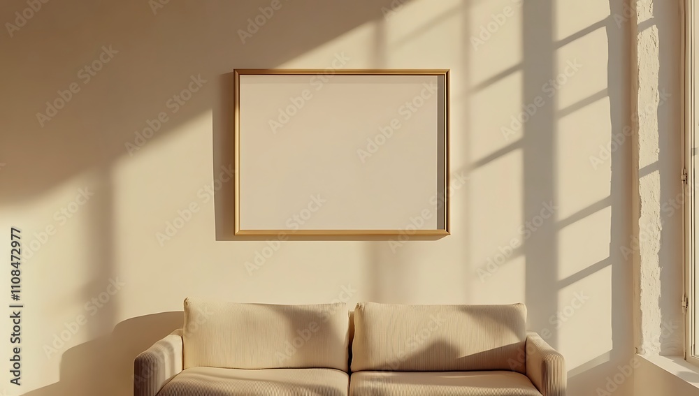 Poster A cozy living space featuring a light-colored sofa and an empty framed canvas illuminated by warm sunlight.