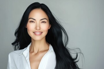 Obraz premium a young woman with long black hair smiles warmly against a subtle gray background, highlighting her elegance.
