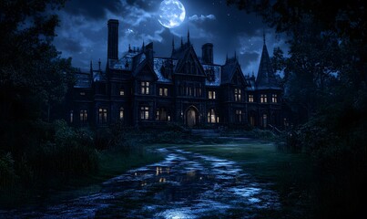 An expansive gothic manor illuminated by the full moon, casting long shadows