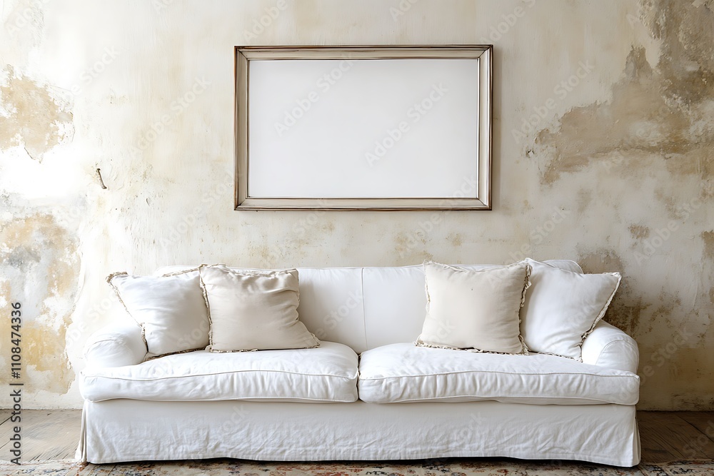 Poster a minimalist white sofa with cushions sits against a textured, peeling wall, complemented by an empt
