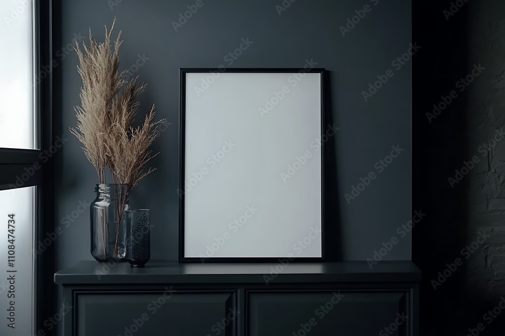 Poster A minimalistic interior scene featuring a blank framed picture and a vase of dried flowers on a dark surface, creating a calm and modern aesthetic.