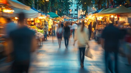 Blurred Motion of People Walking Through a Night Market