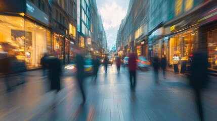 Obraz premium Blurred City Street Scene with People Walking Past Storefronts