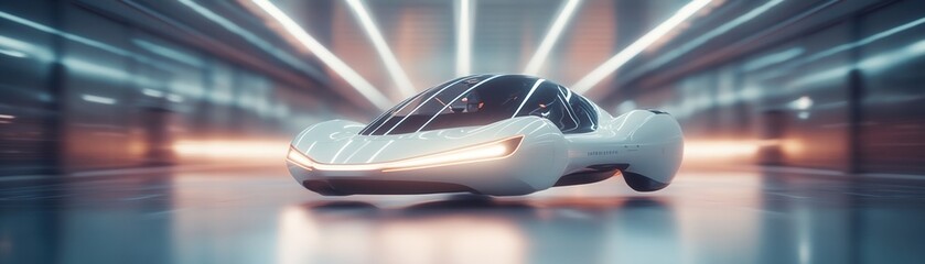 Obraz premium A futuristic car with a sleek design is showcased in a high-tech environment, featuring bright lights and a modern aesthetic.