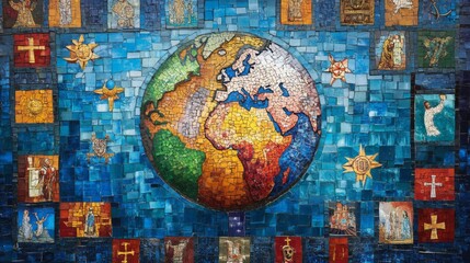 Obraz premium Mosaic Artwork Depicting the Earth Surrounded by Religious Imagery