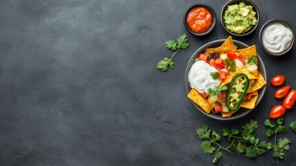 A vibrant platter of nachos topped with fresh ingredients like tomatoes, jalapenos, and creamy dips, set against a dark background.