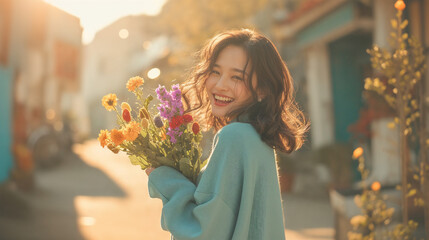 花束を持つ若い女性