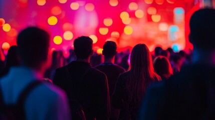 Silhouettes of Concertgoers Against a Red and Yellow Bokeh Background
