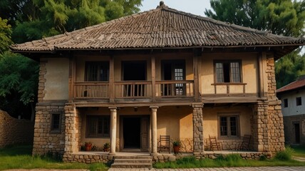 Rustic two-story house with wooden balcony, stone foundation, and thatched roof.