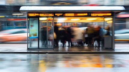 Fototapeta premium Blurred Passengers Waiting in a Bus Shelter on a Rainy Day
