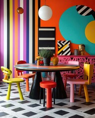 Colorful Dining Room With Geometric Wall Art And Modern Chairs