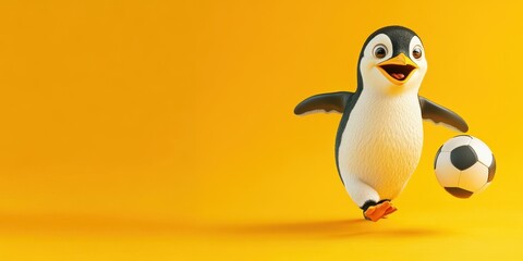 Obraz premium Playful Penguin Athlete - Cute Antarctic Bird in Football Jersey Running with Ball on Vibrant Yellow Background