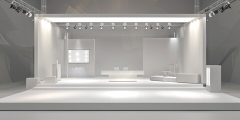 A sleek, modern exhibition booth featuring minimalist white furniture and lighting, perfect for showcasing products in a contemporary setting.