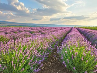 Obraz premium Rows of lavender under a partly cloudy sky.