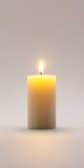 A single white candle burning softly, casting a warm glow against a neutral backdrop, symbolizing peace and tranquility.