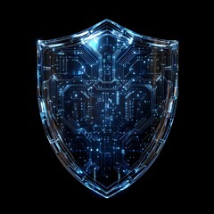 Fototapeta premium A futuristic shield made of interconnected digital circuits, symbolizing advanced defense mechanisms used to protect against cyber attacks and ensure cybersecurity.