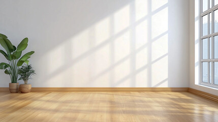 Modern empty room with wooden floor and large white plain wall