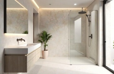 A refined bathroom with minimalist design, including a floating vanity, a walk-in rain shower, and elegant fixtures.