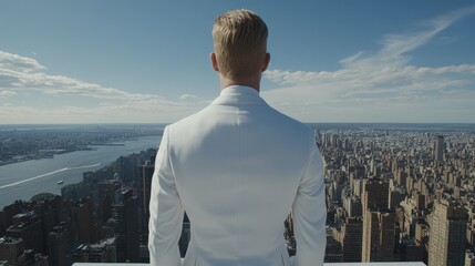 Fototapeta premium Man in White Suit Overlooking Cityscape from Skyscraper Rooftop