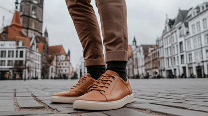 Fashionable Man in Brown Sneakers and Trousers Exploring a European Urban Street