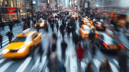 Fototapeta premium Blurry City Street with Yellow Taxis and Pedestrians