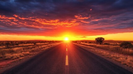 A Straight Road Leading Towards a Vibrant Sunset in the Desert
