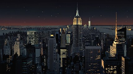 Here's a description and keywords for your image.. Night view of a cityscape with skyscrapers and city lights.