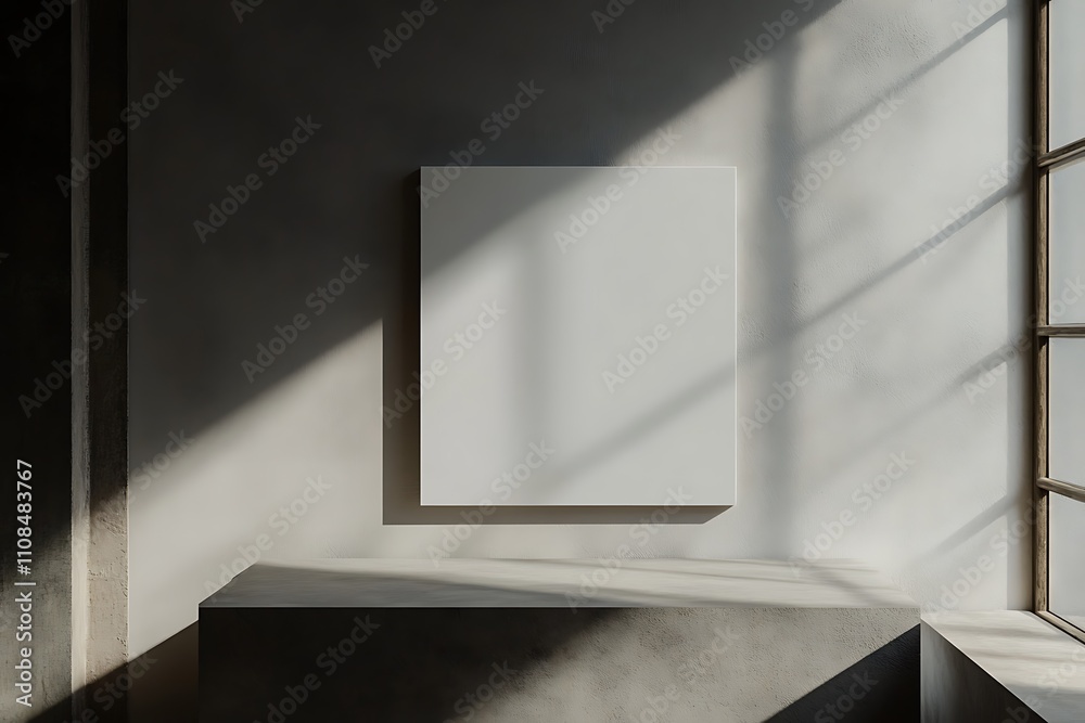 Aufkleber a minimalist interior scene featuring a blank canvas on a ledge, illuminated by sunlight streaming t