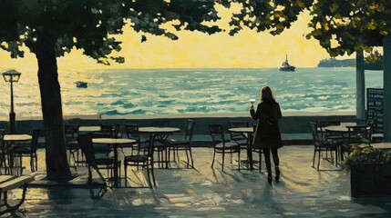 Obraz premium Peaceful Sunrise by Lakeside with Solitary Figure and Empty Cafe Tables