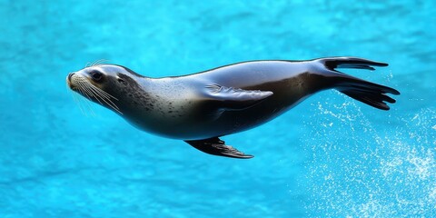 Obraz premium Playful Sea Lion Diving off Board in a Swimming Cap on Aqua Background
