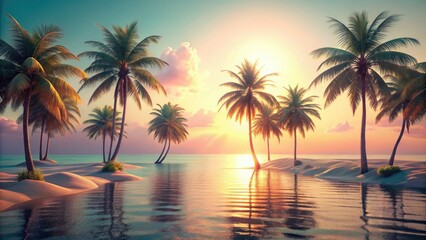 Obraz premium Dreamy Palm Beach Relaxation: 3D Half Tone Style, Summer Vacation, Tropical Paradise