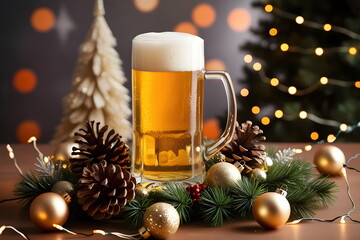 Festive Beer Mug Surrounded by Holiday Decorations
