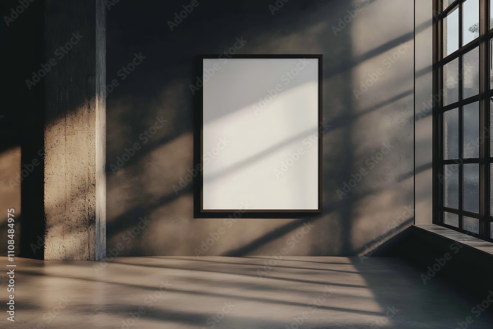 Poster a minimalist interior featuring a blank frame on a concrete wall, illuminated by natural light throu