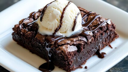 Decadent Chocolate Brownie with Vanilla Ice Cream and Chocolate Sauce