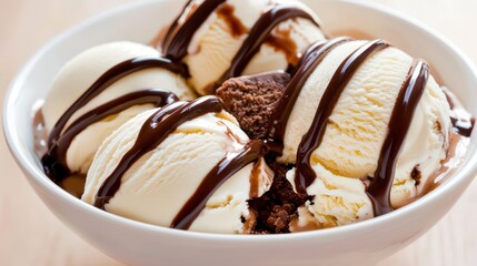Decadent Vanilla Ice Cream Sundae with Chocolate Sauce and Brownie
