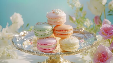 Delicate Pastel Macarons on Elegant Silver Platter - Sweet Treat Photography