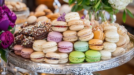 Delicious Assortment of Colorful Macarons on Silver Platter