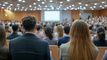Fototapeta premium A Man and Woman Attending a Large Lecture in an Auditorium
